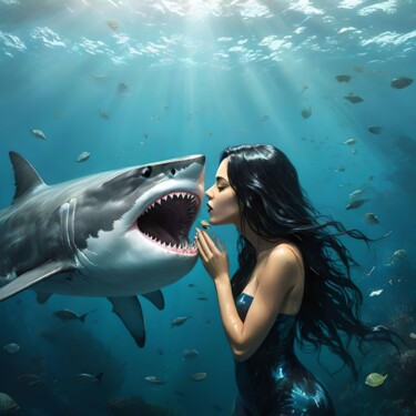 Arts numériques intitulée "Dangerous Kiss 🔥❤️🦈" par Karine Garelli (Reds Robin), Œuvre d'art originale, Image générée par l'IA
