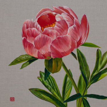 Картина под названием "Peony" - Liudmila Pisliakova, Подлинное произведение искусства, Масло Установлен на Деревянная рама д…