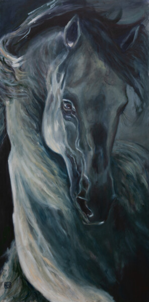 Silver Horse Schilderij getiteld "Silver Horse" door Liudmila Pisliakova, Origineel Kunstwerk, Olie Gemonteerd op Frame voor houten branc…