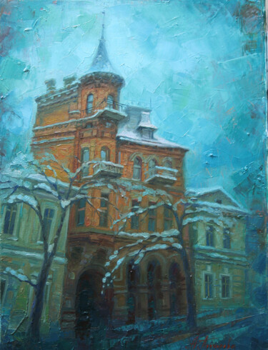 Painting titled "Бирюзовая зима" by Anna Dobrodii, Original Artwork, Oil Mounted on Wood Stretcher frame