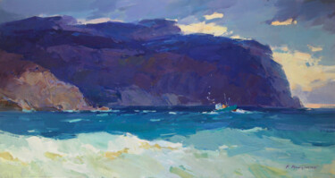 Painting titled "Balaklava Bay" by Aleksander Kryushyn, Original Artwork, Oil Mounted on Wood Stretcher frame