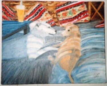Schilderij getiteld "les deux chiens à d…" door Stephanie Labouré, Origineel Kunstwerk, Olie