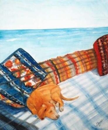 Schilderij getiteld "le chien à dahab" door Stephanie Labouré, Origineel Kunstwerk, Olie