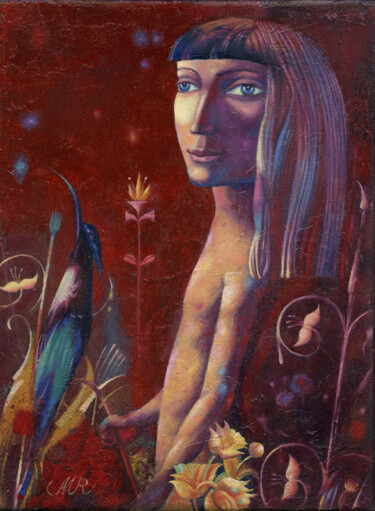 Young man and bird Pintura intitulada "Young man and bird" por Dmitrii Ryzhikov, Obras de arte originais, Óleo Montado em Armação em madeira
