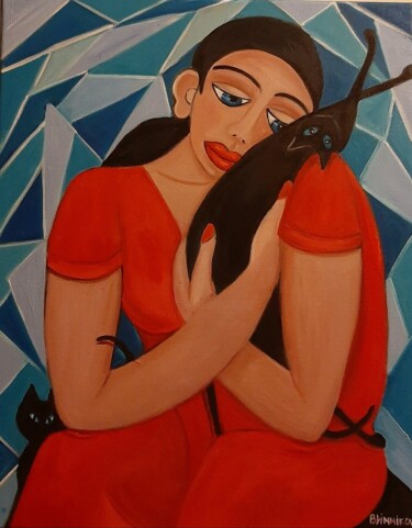 Mulher com dois gatinhos Schilderij getiteld "Mulher com dois gat…" door Olena Blinnikova, Origineel Kunstwerk, Olie Gemonteerd op Frame voor houten…