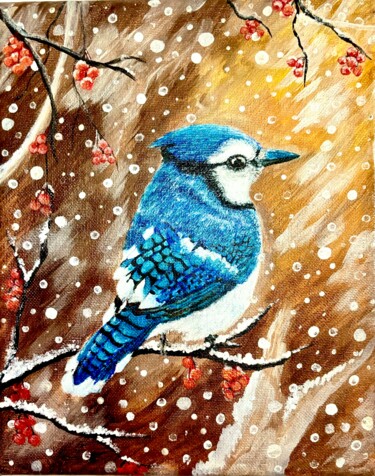 Blue Jay in a snowy morning Painting titled "Blue Jay in a snowy…" by Dr. Priyanjalee Banerjee, Original Artwork, Acrylic Mounted on Wood Stretcher frame
