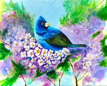 Painting titled "Blue beauty enjoyin…" by Dr. Priyanjalee Banerjee, Original Artwork, Acrylic Mounted on Wood Stretcher frame