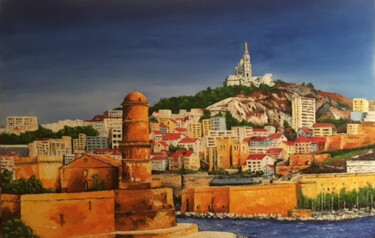 Marseille, le Fort Saint Jean sous la garde de Notre-Dame Peinture intitulée "Marseille, le Fort…" par Samuel Kouyoumdjian, Œuvre d'art originale, Huile Monté sur Châssis en bois