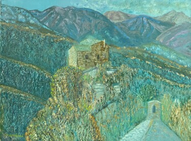 Painting titled "Maison de l’Alpa Mo…" by Jm Mariani, Original Artwork, Oil Mounted on Wood Stretcher frame
