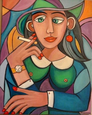 Mulher com chapel verde Painting titled "Mulher com chapel v…" by Olena Blinnikova, Original Artwork, Oil Mounted on Wood Stretcher frame