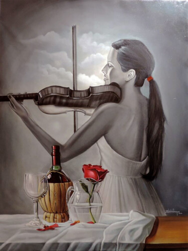 Painting titled "LA VIOLINISTA" by Marco Antonio Zeledón Truque, Original Artwork, Oil