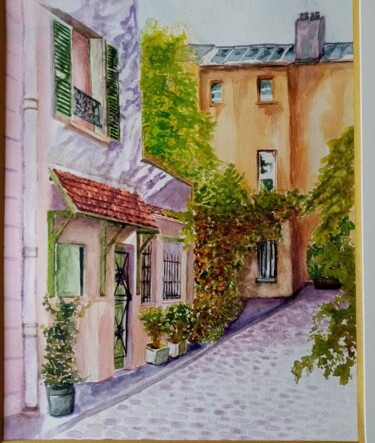 Desenho intitulada "Ma cour" por Fred Haute, Obras de arte originais, Aquarela