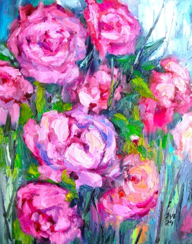 Pink roses Painting titled "Pink roses" by Elena Ivanova, Original Artwork, Oil Mounted on Wood Stretcher frame