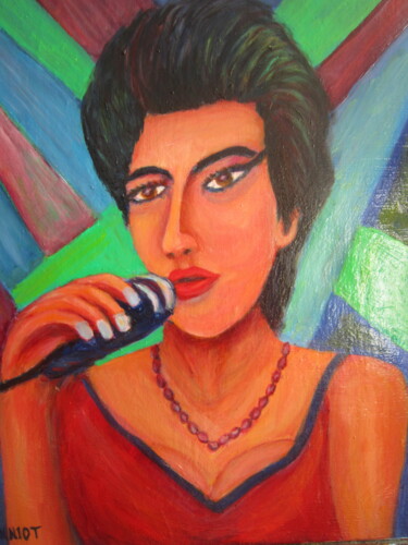 Amy la chanteuse Schilderij getiteld "Amy la chanteuse" door Joel Jeanniot, Origineel Kunstwerk, Olie Gemonteerd op Frame voor houten branc…