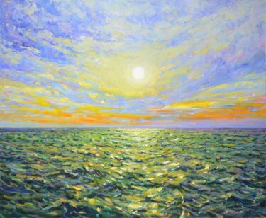 Schilderij getiteld "Dawn. Ocean." door Kasta, Origineel Kunstwerk, Olie Gemonteerd op Frame voor houten brancard