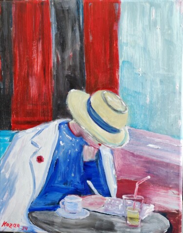 绘画 标题为“Dame dans un café” 由Kozar, 原创艺术品, 油 安装在木质担架架上