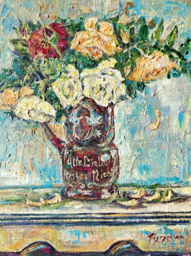 Painting titled "Old love never gets…" by Oksana Pidgurs Ka, Original Artwork, Oil Mounted on Cardboard