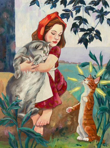 New cat Painting titled "New cat" by Marina Beresneva, Original Artwork, Acrylic Mounted on Wood Stretcher frame