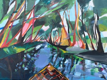 Painting titled "La barque de la vie…" by Christelle Veron Cherbonnier, Original Artwork, Acrylic Mounted on Wood Stretcher…