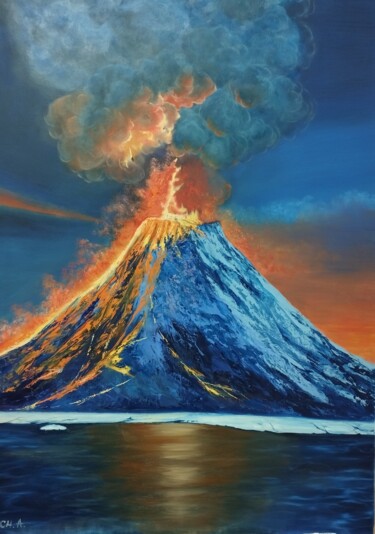Pintura titulada "VOLCÁN EN ERUPCIÓN" por María Rosario Aladro Loza, Obra de arte original, Oleo