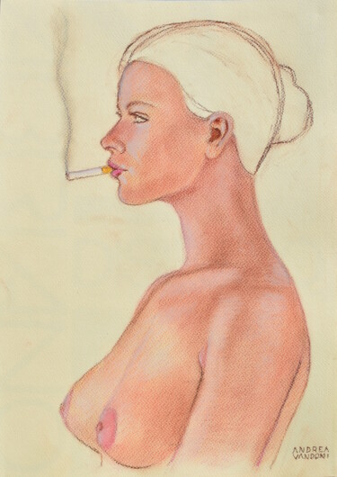 Bust study of a naked woman in profile smoking