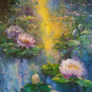 Rayons de Lumière sur les Nénuphars Peinture intitulée "Rayons de Lumière s…" par Iryna Malynovska, Œuvre d'art originale, Huile Monté sur Châssis en bois