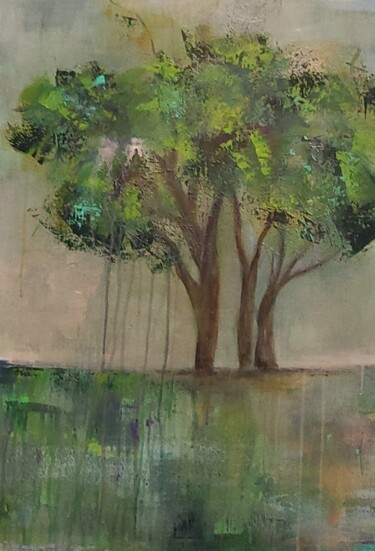 Schilderij getiteld "Les Arbres" door Sylvie Le Boulh, Origineel Kunstwerk, Acryl Gemonteerd op Frame voor houten brancard