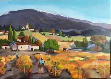 Les 4 saisons les vendanges Schilderij getiteld "Les 4 saisons les v…" door Marie-Ange Fileni, Origineel Kunstwerk, Olie Gemonteerd op Frame voor houten…