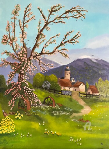 Les 4 saisons le printemps Schilderij getiteld "Les 4 saisons le pr…" door Marie-Ange Fileni, Origineel Kunstwerk, Olie Gemonteerd op Frame voor houten…