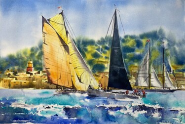 Les Voiles de Saint-Tropez, en navigation Schilderij getiteld "Les Voiles de Saint…" door Caroline Guizouarn, Origineel Kunstwerk, Aquarel