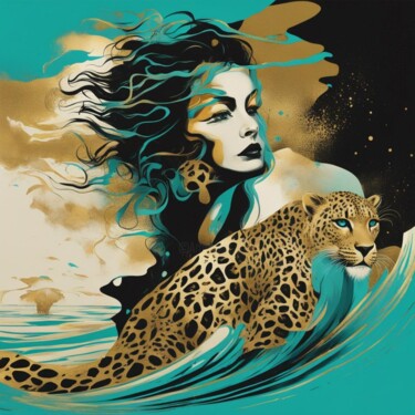 Цифровое искусство под названием "woman and leopard o…" - Machnolga, Подлинное произведение искусства, Изображение, сгенерир…