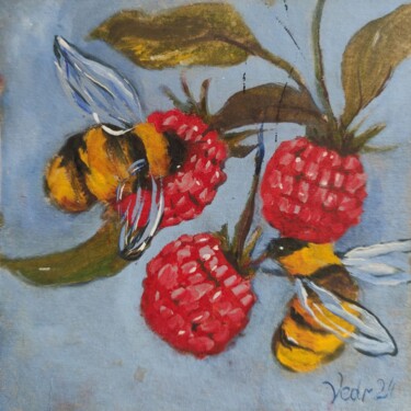 Original Custom Bees on Raspberries miniature modern gif Painting titled "Original Custom Bee…" by Julia Vedrina, Original Artwork, Oil