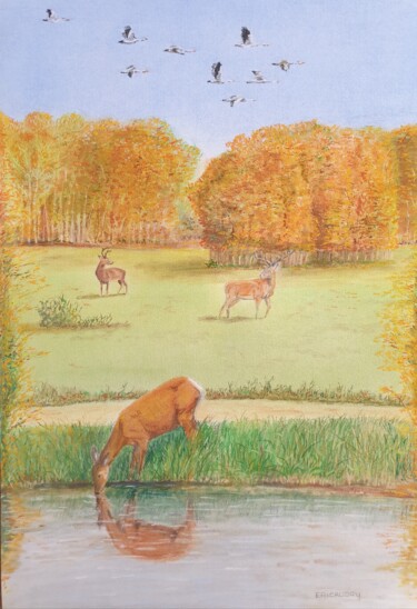 Dessin intitulée "Les cervidés - Au f…" par Eric Audry, Œuvre d'art originale, Pastel