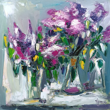 Schilderij getiteld "Lilac Arrangement" door Vlas Ayvazyan, Origineel Kunstwerk, Olie Gemonteerd op Frame voor houten branca…