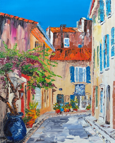 Painting titled "Ruelle à Cassis" by Samuel Kouyoumdjian, Original Artwork, Oil Mounted on Wood Stretcher frame