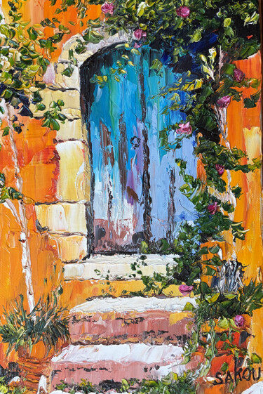 Painting titled "La porte bleue" by Samuel Kouyoumdjian, Original Artwork, Oil Mounted on Wood Stretcher frame