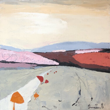 Peinture intitulée "Collines et cerisie…" par Christine Morineau, Œuvre d'art originale, Huile