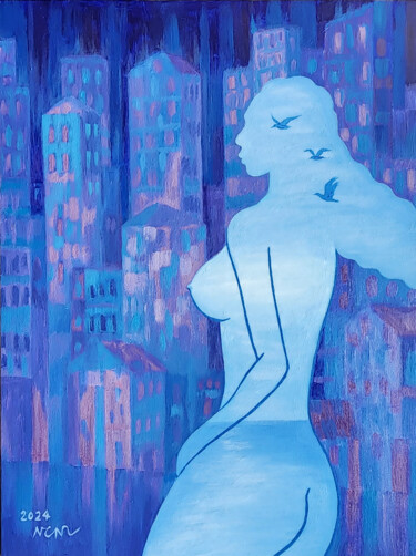 绘画 标题为“Sadness in the city” 由Chi Nguyen, 原创艺术品, 丙烯 安装在木质担架架上