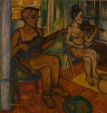 Duo et poissons rouges Huile sur Toile Peinture intitulée "Duo et poissons rou…" par Robert Gibson, Œuvre d'art originale, Huile Monté sur Châssis en bois