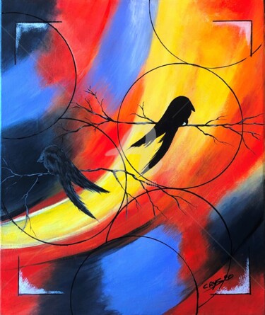 Painting titled "OISEAUX SUR LA BRAN…" by Christian Riotte (Crys), Original Artwork, Acrylic