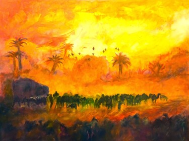 Painting titled "La caravane du sel." by Marco Dalès, Original Artwork, Oil Mounted on Wood Stretcher frame