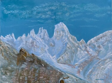 Painting titled "Cîmes enneigées sur…" by Jm Mariani, Original Artwork, Oil Mounted on Wood Stretcher frame
