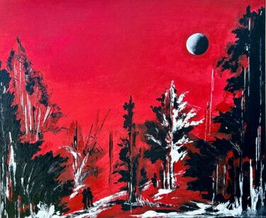 Painting titled "Paysage rouge et no…" by Hélène Molina, Original Artwork, Acrylic Mounted on Wood Stretcher frame