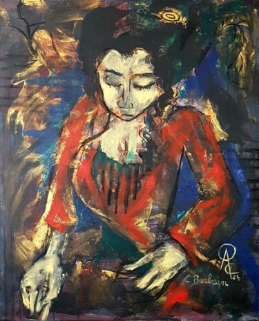 "Concentrated courtesan in red dress" 绘画 标题为“"Concentrated court…” 由Carine Berbain, 原创艺术品, 丙烯 安装在木质担架架上