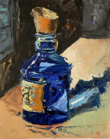 Painting titled "Mystery blue bottle." by Vita Schagen, Original Artwork, Oil Mounted on Cardboard