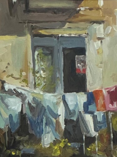 Painting titled "Cour provinciale" by Iulianiia Le Borgne, Original Artwork, Oil Mounted on Wood Stretcher frame