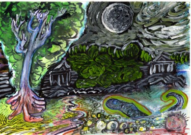 Peinture intitulée "La nuit de l'iguane" par Martin Rupp, Œuvre d'art originale, Gouache