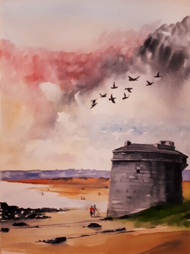 Ζωγραφική με τίτλο "Martello Tower, Don…" από Cathal O'Briain, Αυθεντικά έργα τέχνης, Ακουαρέλα