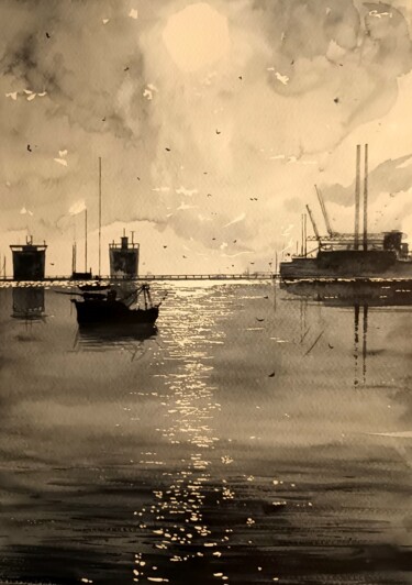 Ζωγραφική με τίτλο "Dublin Port, River…" από Cathal O'Briain, Αυθεντικά έργα τέχνης, Ακουαρέλα