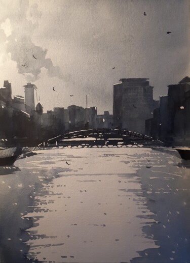 Ζωγραφική με τίτλο "The River Liffey, D…" από Cathal O'Briain, Αυθεντικά έργα τέχνης, Ακουαρέλα